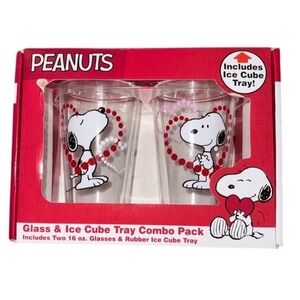 Peanuts Snoopy Valentines Drinkware Set 2 Clear 16oz Glasses ice tray included
